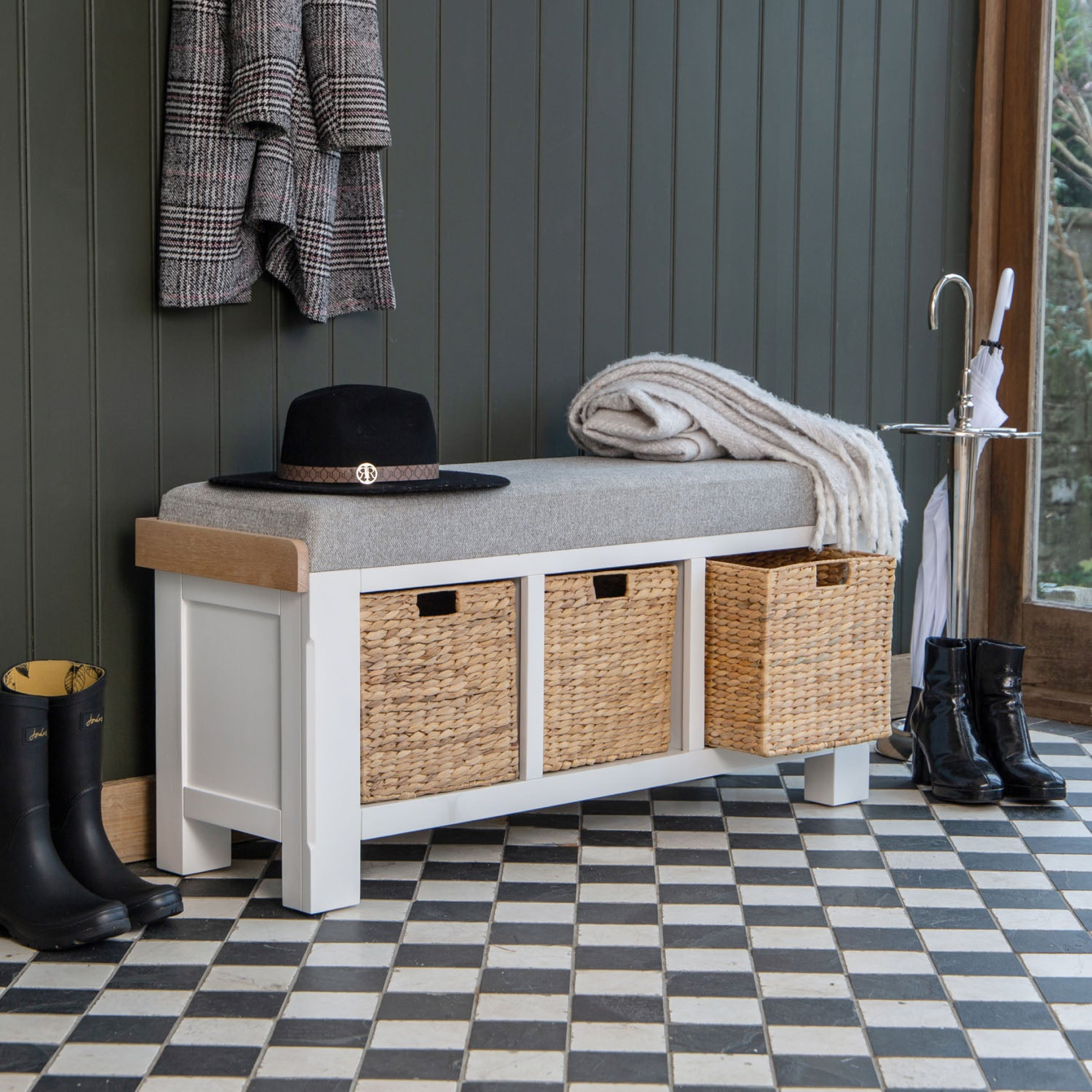 Hall Bench with 3 Wicker Pull Drawers