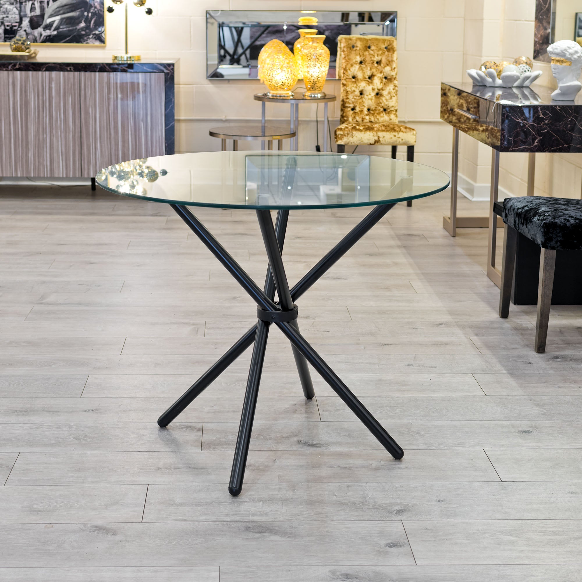 Glass Dining Table with Cross Black Legs